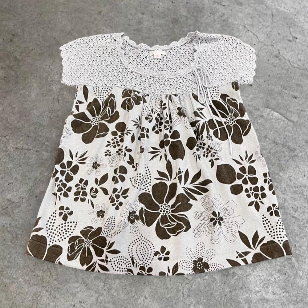 ⭐y2k brown and blue crochet knit hibiscus flower baby doll top large